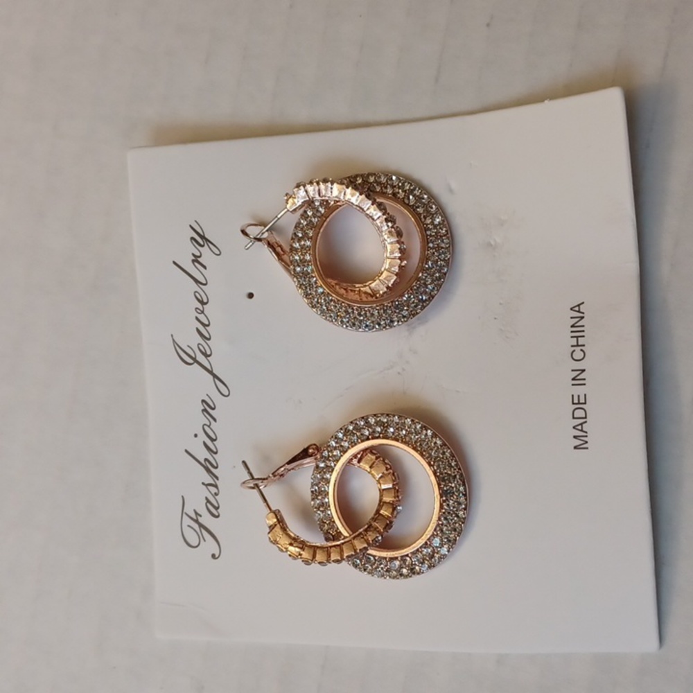4/$60 New Rose Gold Rhinestone Fashion Earrings - Double Hoops